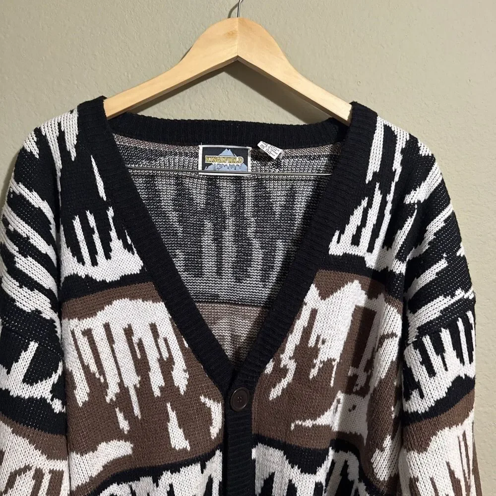 Vintage Kingsfield Cardigan Sweater Medium M Abstract Geometric Brown Black Vtg
